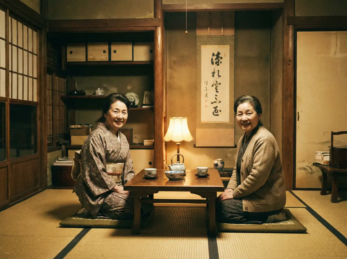 两位优雅的 xxxx 在日式茶室中品茶交谈